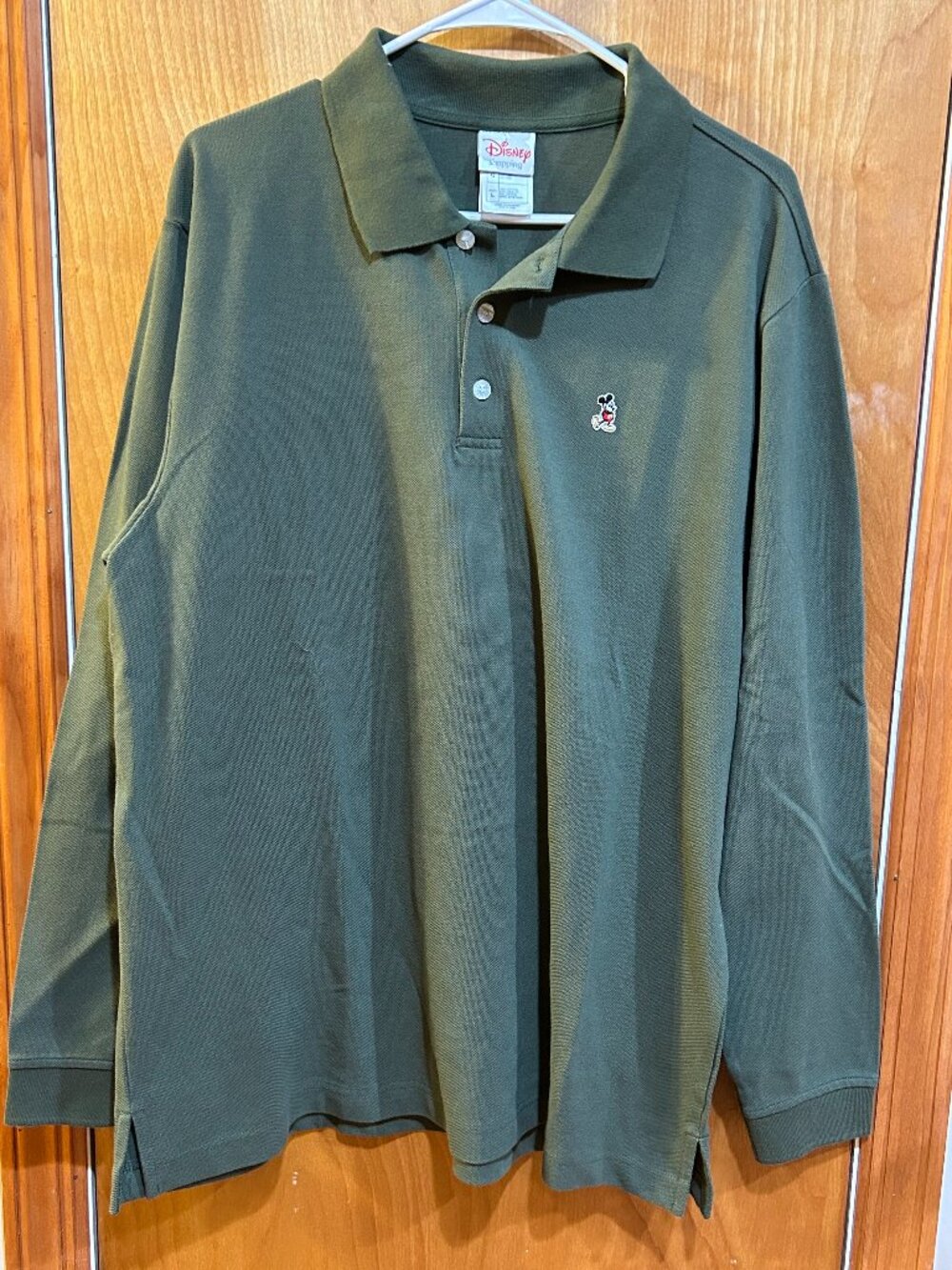 Disney Mickey Mouse Long Sleeve Polo Shirt Mens L Olive Green Pique Cotton Knit